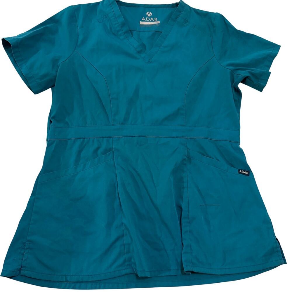 Adar teal blue womens scrub top sz M nurse medical professional work attire